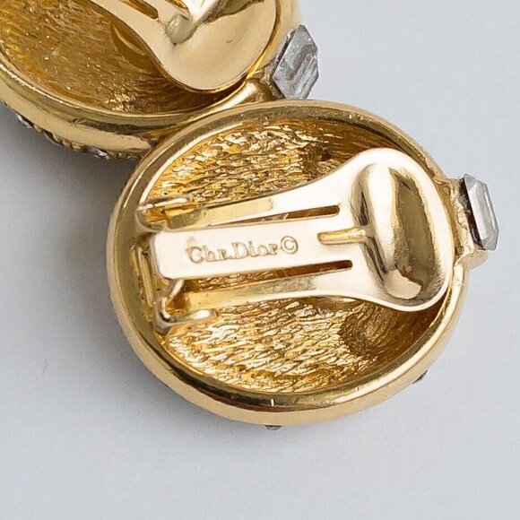 Vintage Christian Dior Earrings Faux Blue Lapis Lazuli Pave Rhinestone Gold Tone - Picture 12 of 13